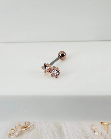 Rose Zirkon Taşlı Uç Kısmı : Pirinç Kıkırdak Bar Uzunluğu : 6 Mm / Bar Kalınlığı 0.8 Mm / Top Boyu 3 Mm - Pt0009-2 ürün görseli 1