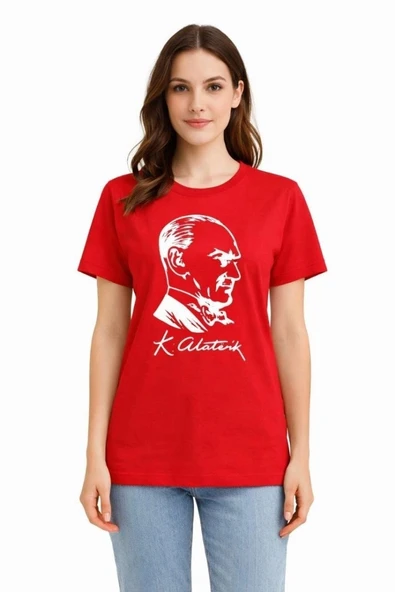 Kadın Atatürk Baskılı Tişört Kısa Kollu Bisiklet Yaka T-shirt - Kırmızı ürün görseli 1