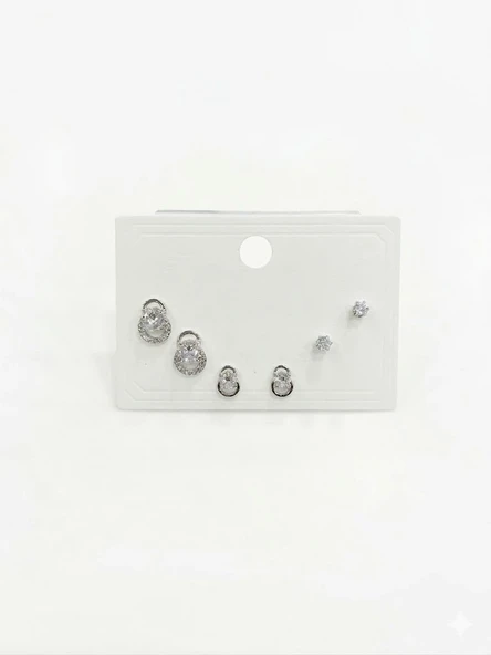 Rodyum Zirkon Taşlı Pirinç Altılı  Kombin Küpe - Kp00638 ürün görseli 1