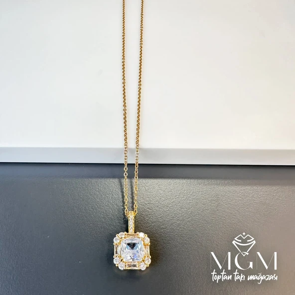 Zirkon Taşlı Zincir Çelik Uç Kısmı Pirinç Kolyeler 40 + 5 Cm Uzatma Payı - Kl0110 ürün görseli 1