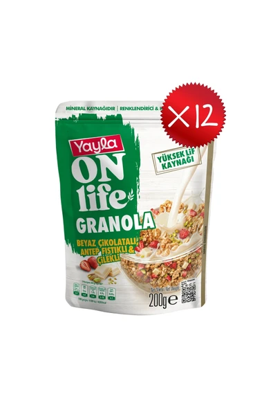 Yayla Onlife Beyaz Çikolatalı Antep Fıstıklı ve Çilekli Granola 200 g x12 ürün görseli 1