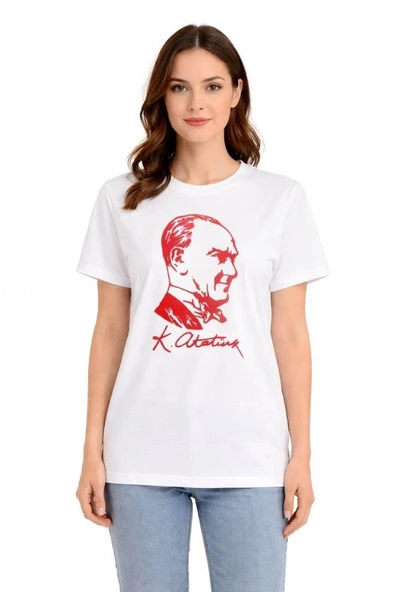 Kadın Atatürk Baskılı Tişört Kısa Kollu Bisiklet Yaka T-shirt - Beyaz ürün görseli 1