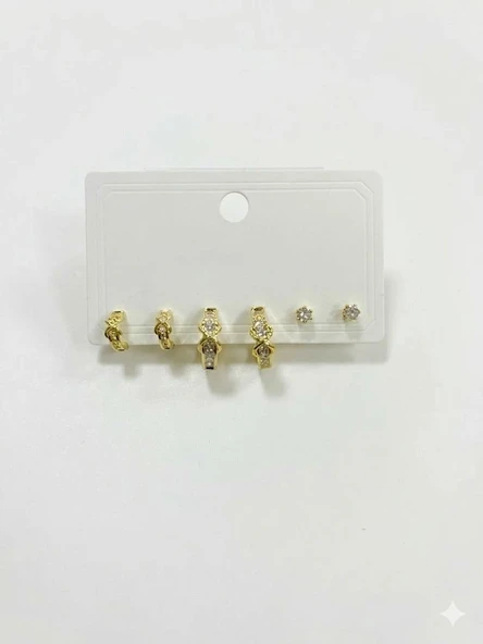 Zirkon Taşlı Pirinç Altılı  Kombin Küpe - Kp00625 ürün görseli 1