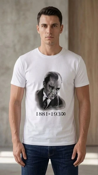 Erkek Atatürk Baskılı Tişört Kısa Kollu Bisiklet Yaka T-shirt - Beyaz ürün görseli 1
