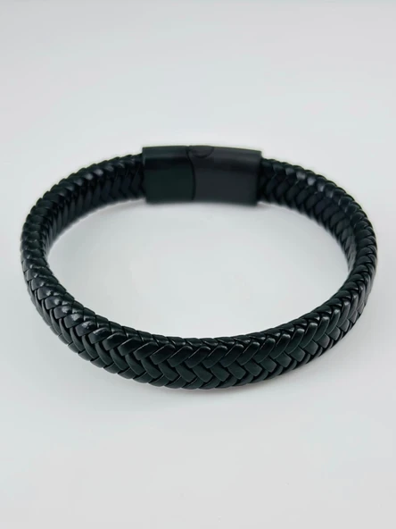 Siyah Deri / Çelik  Erkek Deri Bileklik 20 Cm  - Ebl0065 ürün görseli 1