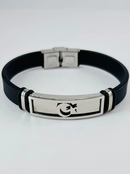 Siyah Silikon / Çelik  Erkek Deri Bileklik 20 Cm  - Ebl0122 ürün görseli 1