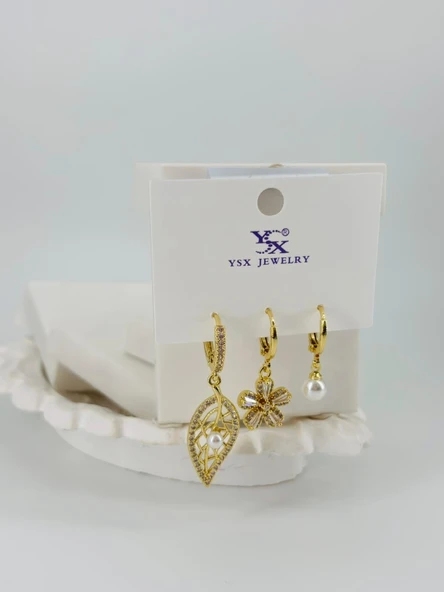 Yaprak Detaylı Üçlü Kombin Küpe - Kp00531 ürün görseli 1