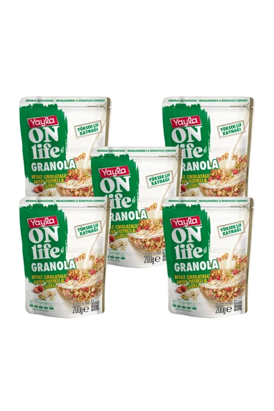 Yayla Onlife Beyaz Çikolatalı Antep Fıstıklı ve Çilekli Granola 200 g x5 ürün görseli 1