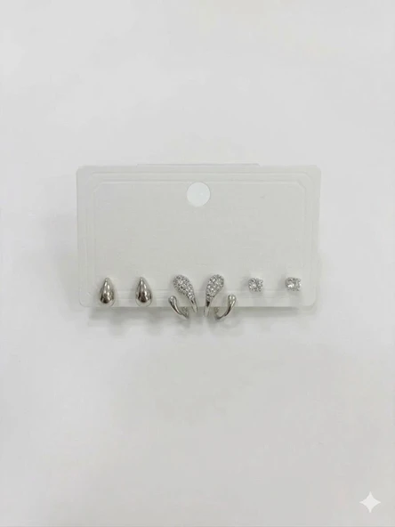 Rodyum  Zirkon Taşlı Pirinç Altılı  Kombin Küpe - Kp00567 ürün görseli 1