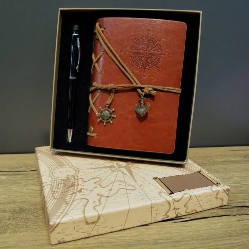 Pusula Baskılı Deri Defter Kalem Seti ürün görseli 1