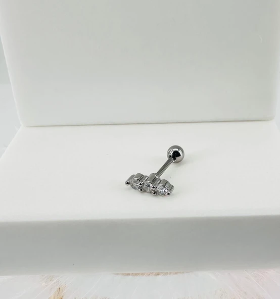 Rodyum Zirkon Taşlı Uç Kısmı : Pirinç Kıkırdak Bar Uzunluğu : 6 Mm / Bar Kalınlığı 0.8 Mm / Top Boyu 3 Mm - Pt0018 ürün görseli 1