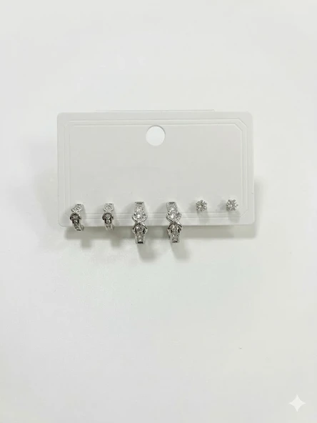 Rodyum Zirkon Taşlı Pirinç Altılı  Kombin Küpe - Kp00626 ürün görseli 1
