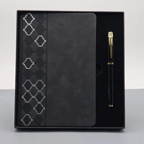 Desenli Siyah Deri Defter Kalem Set - Resim 5