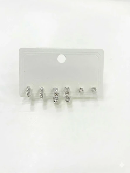 Rodyum Zirkon Taşlı Pirinç Altılı  Kombin Küpe - Kp00616 ürün görseli 1