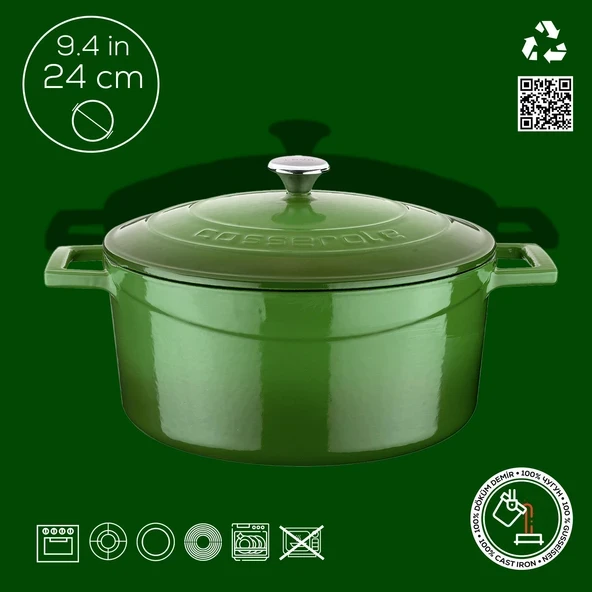 Lava Döküm Yuvarlak Tencere. Folk Çap(0)24cm. Yeşil ürün görseli 1