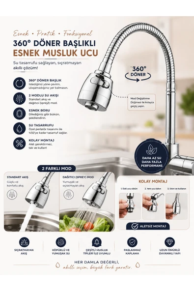 Ufak Tefek Şeyler Esnek Musluk Ucu 360 Derece Döner Çift Fonksiyonlu Su Tasarruflu Musluk Başlığı ürün görseli 1