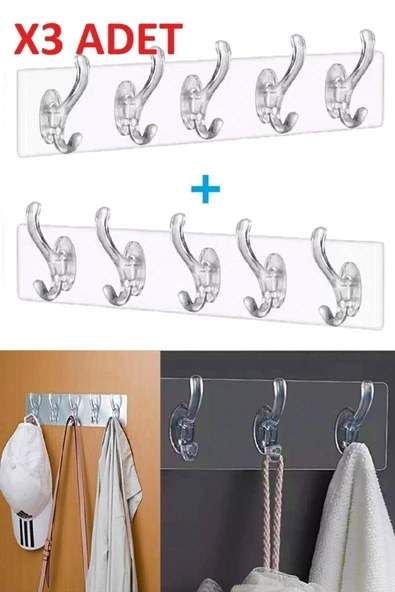 Ufak Tefek Şeyler 3 Adet Kendinden Yapışkanlı Güçlü Şeffaf 5'li Askılık - Kapı Arkası Mutfak Duvar Banyo ürün görseli 1
