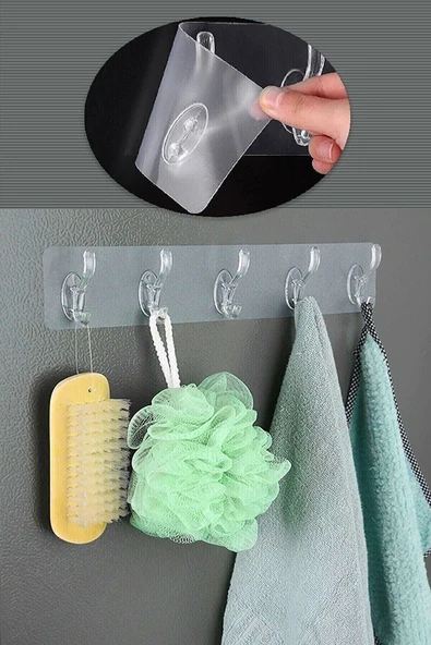 Ufak Tefek Şeyler Elbise Askısı Silikonlu 5'li Şeffaf Güçlü Kendinden Yapışkanlı Askılık Kapı Duvar Banyo Askısı ürün görseli 1