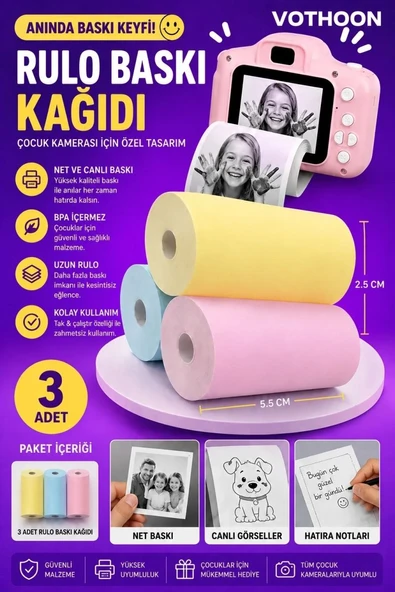 Çocuk Fotoğraf Makinesi Yedek Termal Baskı Kağıdı Renkli (3 Lü Rulo) – 57x25mm ürün görseli 1