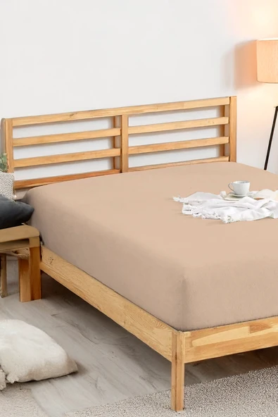 Penye Lastikli Çarşaf Pamuklu Jersey Süper Battal Kişilik 200x200cm Bej ürün görseli 1