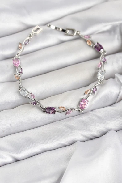 Pirinç Gümüş Renk Pembe ve Mor Zirkon Taşlı Çiçek Model Kadın Bileklik TJ-BB8586 ürün görseli 1