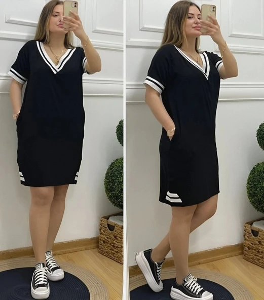 Kadın Kısa Kollu V Yaka Ribana Detaylı Cepli Dizüstü Viskon Elbise ürün görseli 1