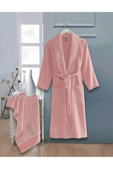 Bornoz - Nakışlı Havlu Seti Cora Pudra L/XL+45x85cm ürün görseli 1