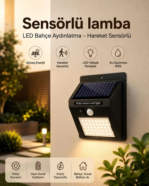 Sensörlü, Güneş Enerjili Led Duvar Lambası Bahçe Ve Balkon Aydınlatma ürün görseli 1