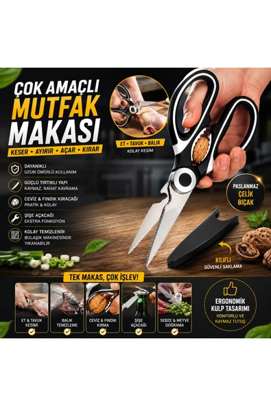 Ufak Tefek Şeyler Paslanmaz Çelik Çok Amaçlı Mutfak Makası Ceviz Kıracaklı Ve Gazoz Açacaklı Et Tavuk Sebze Makası ürün görseli 1