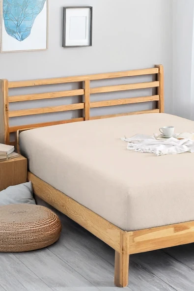 Penye Lastikli Çarşaf Pamuklu Jersey Süper Battal Kişilik 200x200cm Krem ürün görseli 1