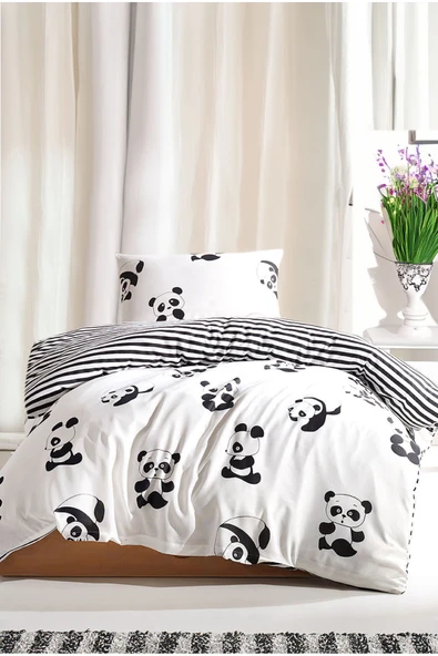 Kolay Ütülenir Nevresim Takımı Tek Kişilik B&W Panda ürün görseli 1