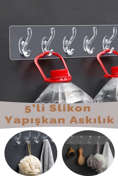 Ufak Tefek Şeyler Çok Amaçlı Yapışkanlı 5li Şeffaf Slikon Duvar Kapı Arkası Askılık ürün görseli 1