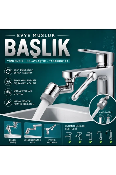 Ufak Tefek Şeyler 1080 Derece Dönebilen Robot Kol Musluk Başlığı - Çift Fonksiyonlu Hareketli Lavabo Uzatma Aparatı ürün görseli 1