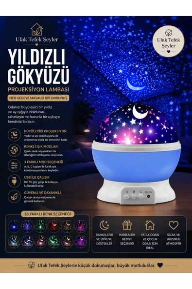 Ufak Tefek Şeyler Yıldızlı Gökyüzü Projeksiyon Lambası Renk Modlu Gece Lambası Çocuk Odası Uyku Lambası ürün görseli 1