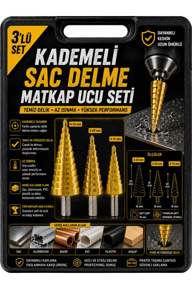 Ufak Tefek Şeyler 3'lü Kademeli Matkap Ucu Seti 4-12 / 4-20 / 4-32 mm Titanyum HSS Sac Metal Konik Delme Takımı ürün görseli 1