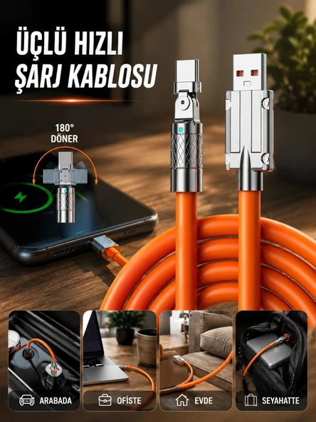 3 İn 1 Süper Hızlı Şarj Kablosu Android Ve İos Uyumlu Silikon Şarj Kablosu ürün görseli 1