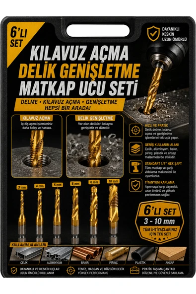 Ufak Tefek Şeyler 6'lı Kombi Kılavuz Matkap Ucu Seti HSS Titanyum Metal Delme Diş Açma Pafta Takımı ürün görseli 1
