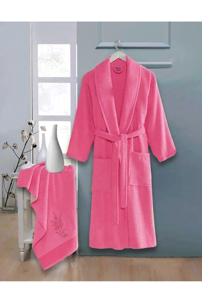 Bornoz - Nakışlı Havlu Seti Cora Fuşya L/XL+45x85cm ürün görseli 1