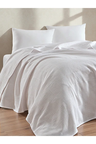 %100 Pamuk Pike Battal Boy Örtü – Karo Desen Beyaz Renk, 240x230 cm ürün görseli 1