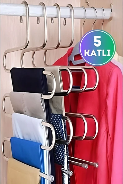 Ufak Tefek Şeyler Pantolon askısı 5 katlı metal Dolap içi Akıllı Krom Askı Pantolon Askısı 5 Katlı Düzenleyici Model ürün görseli 1