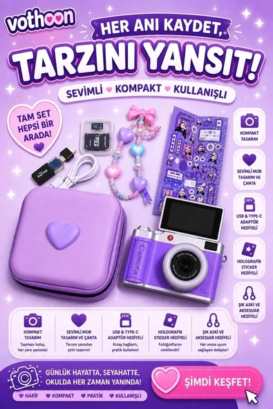 4k Çantalı Dijital Retro Video Kamera 48mp 16x Zoom Işıklı (32gb) Kart Dijital Fotoğraf Makinesi Mor ürün görseli 1