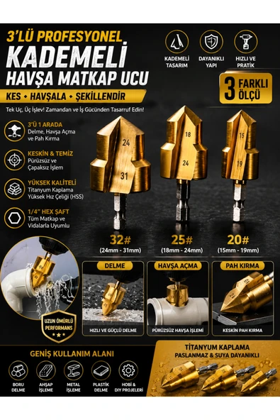 Ufak Tefek Şeyler 3'lü PPRC Plastik Boru Traşlama Ve Rayba Aparatı Seti Matkap Ucu Genişletme Pah Kırma Takımı 3lü Havşa Seti ürün görseli 1