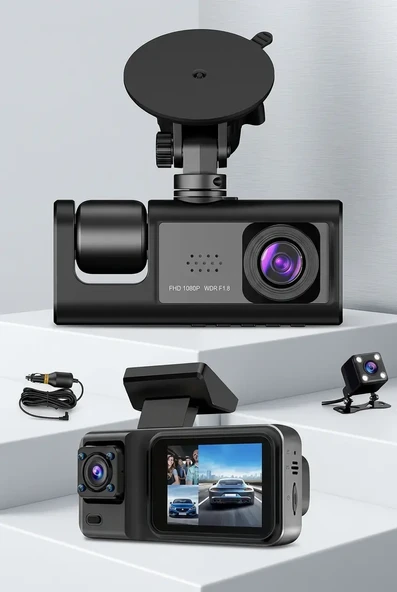 3 Kameralı Dashcam Araç İçi Kamera Ön Arka İç Görüşlü Oto Kamera ürün görseli 1