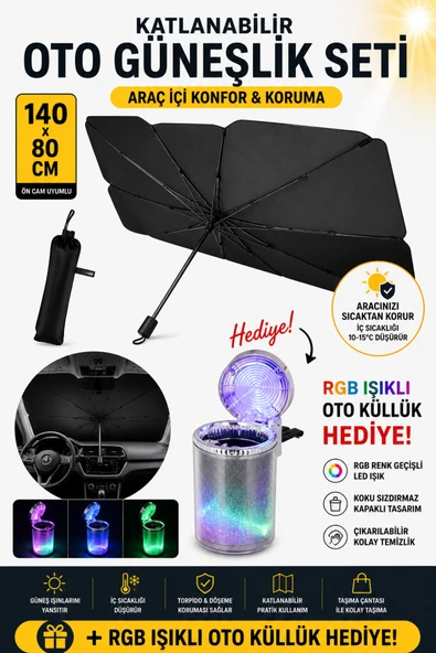 Ufak Tefek Şeyler Her Araca Uygun Oto Ön Cam Güneşliği Oto Rgb Işıklı Küllük Hediyeli ürün görseli 1