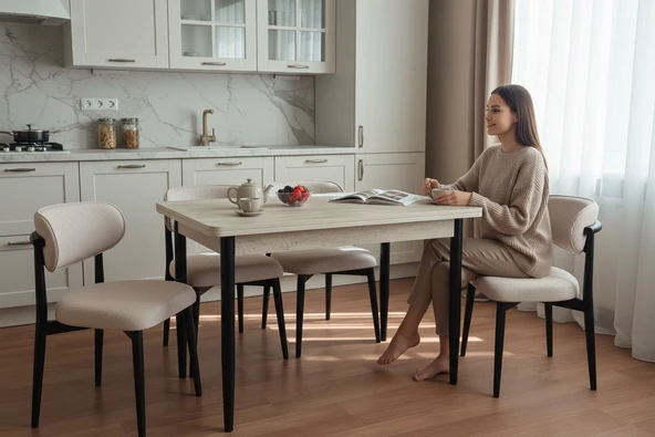 EFE MOBİLYA T-6006 TRAVERTEN MDF 70X120 POLO KREM  SANDALYE 4 KİŞİLİK MUTFAK MASA TAKIMI ürün görseli 1