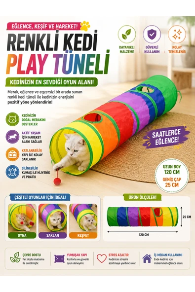 Ufak Tefek Şeyler Gökkuşağı Kedi Oyun Tüneli 120 cm Çoklu Delikli Eğlenceli Katlanabilir İnteraktif Kedi Oyuncağı ürün görseli 1