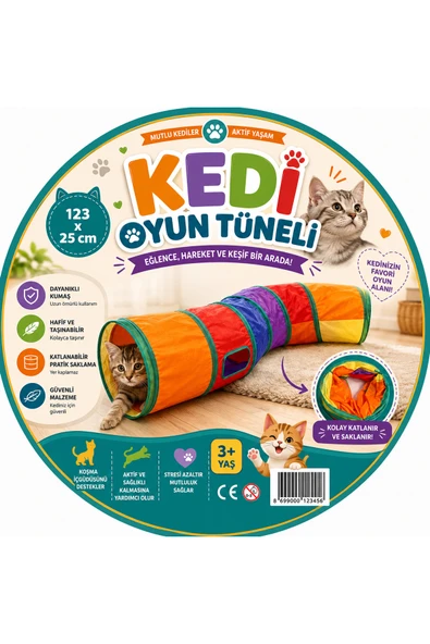 Ufak Tefek Şeyler Kıvrımlı S Şeklinde Kedi Oyun Tüneli 123 cm Katlanabilir Hışırtılı Gökkuşağı Kedi Aktivite Oyuncağı ürün görseli 1