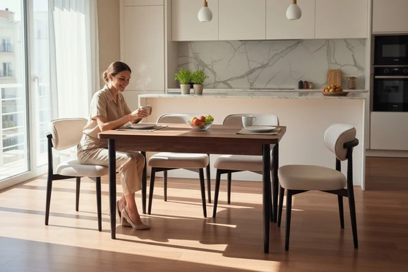 EFE MOBİLYA T-6007 KEÇEMÇE MDF 70X120 POLO KREM  SANDALYE 4 KİŞİLİK MUTFAK MASA TAKIMI ürün görseli 1