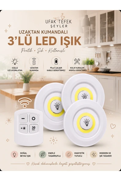 Ufak Tefek Şeyler Pilli Uzaktan Kumandalı Montajsız Yapışkanlı 3'lü Spot LED Işık Lamba Raf Niş Dolap Mutfak Işığı ürün görseli 1