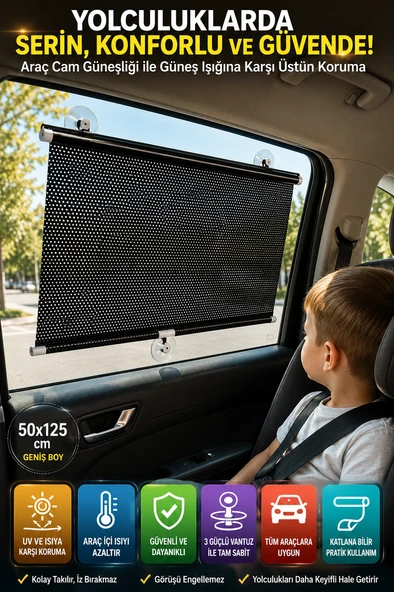 Araç Yan Cam Güneşliği Stor 50x125 cm 3 Vantuzlu Otomatik Toplanan Oto Cam Gölgelik Perde UV ürün görseli 1